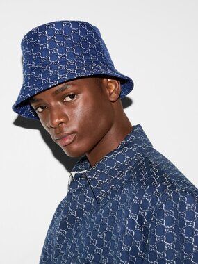 GUCCI HAT BLUE COTTON BUCKET w GG LOGO SHADOW PRINT NARROW BRIM